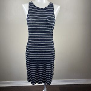 Vince 100% Linen Sheer Navy White Striped Tank Dress Small Pocket